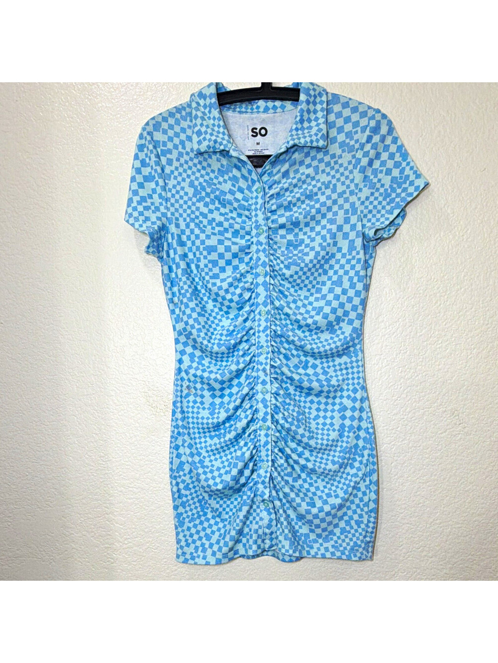 SO Women's Blue Check Shirt Dress Collared Short Sleeve Button Ruched M